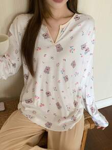 DAZY Cute Cartoon Animal & Ditsy Floral Contrast Trim Loose Fit Women Pajama Top - White - View 5