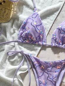 Costavie Swim Mod-D 两件套彩色亮片特殊面料三角杯文胸和侧系带泳裤性感比基尼套装，春夏款 - 淡紫色 - 查看 3