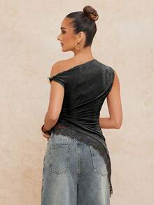 Women's Solid Color Asymmetric Hem Contrast Lace Asymmetrical Shoulder Top,Summer Top - Black - View 4