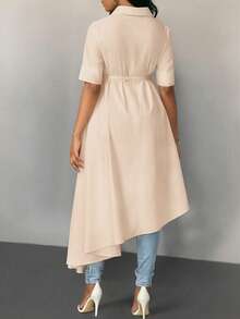 EMERY ROSE Long Casual Shirt With Draped Tail Design For Women - Khaki - View 2