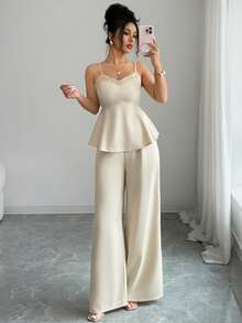 Elenzga Bộ đồ nữ thời trang gồm áo hai dây phối ren và quần ống rộng có túi, trang phục đi nghỉ mát 2 mảnh, bộ đồ hè cho nữ, bộ đồ hè 2 mảnh, phong cách nghỉ hè, bộ đồ đi biển 2 mảnh cho nữ - Màu be - Xem 6