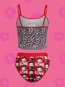 Betty Boop x SHEIN Conjunto de lencería para mujer - Rojo - Ver 2