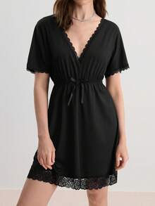 Hourtrue Camisón de pijama con lazo delantero de encaje a contraste - Negro - Ver 6