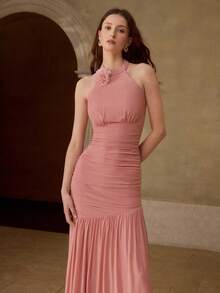 MOTF Soiréza SOLID STEREO FLOWER RUCHED SLIM FIT MERMAID HEM HALTER NECK BACKLESS COCKTAIL DRESS - Pink - View 4