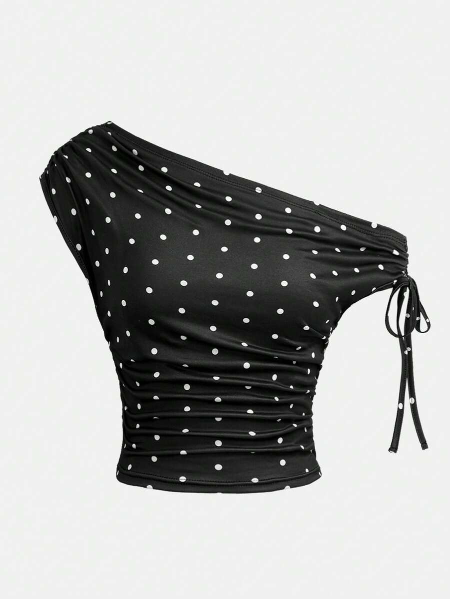 Girlism Teen Girl Summer Casual Vacation Polka Dot Print Drawstring Ruched Twist Asymmetrical Neck Fitted T-Shirt - Black and White - View 1
