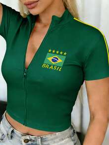 Rovax Women's Brazil Print Short Sleeve Zip-Up Cropped Top Brazilian Jersey - Green - View 4