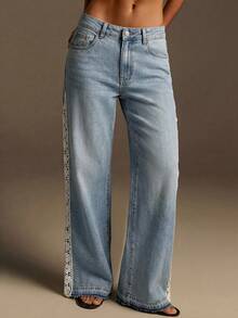 Athîral 女士休闲拼接钩编牛仔裤 - 淺藍色 - 查看 5