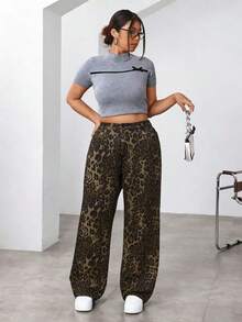 SHEIN ICON Plus Size Women Loose Fit Leopard Print Wide Leg Casual Jeans Brown Spring - Brown - View 4