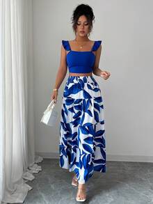SHEIN PETITE Women's Summer Vacation Beach Outfit, Sleeveless Top With Leaf Print And Skirt 2 Pieces Set - Blue - View 4