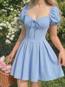 Vestido Dulce Estilo Princesa para Cita y Fiesta con Mangas Puf - amarillo ganso - Ver 2