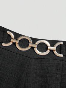 Elenzga New Women's High Waist Side Zipper Decor Button Design Wide Leg Pants, Elegant Casual Daily Wear, Spring/Autumn - Black - View 6