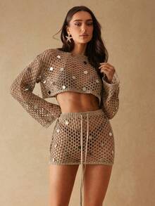 Silquee Áo khoác đi biển dáng rộng, lấp lánh đính sequin, áo ngắn tay chống nắng kiểu dáng thường ngày, thích hợp cho kỳ nghỉ xuân/hè. - Màu Khaki - Xem 5