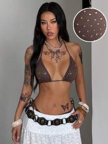 Coolane Outfit estivi minimalisti da streetwear, outfit da rave in stile Y2K, outfit da festa chic e sexy da techno, bikini con paillettes e brillantini hawaiani, canotte sexy, top marroni, outfit da spiaggia per donne, outfit da vacanza per donne - Castano - Visualizzare 5