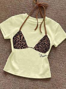 SHEIN Camiseta de manga corta de cuello redondo ajustada con estampado de leopardo - Amarillo - View 3