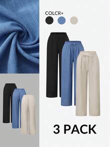 SHEIN Essnce 大码女装春夏时尚休闲宽松舒适日常百搭显瘦弹力腰阔腿裤，多种颜色可选，3条装，基础款长裤，女式下装，简约风格，宽松裤，欧洲夏季 - 彩色 - 查看 1
