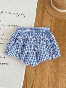 Rok Pendek Berumbai Berlapis Motif Kotak-kotak dengan Hiasan Pita untuk Anak Perempuan, Rok Pendek untuk Anak Perempuan, Rok Pendek Gingham, Celana Pendek Berumbai - Biru - View 5
