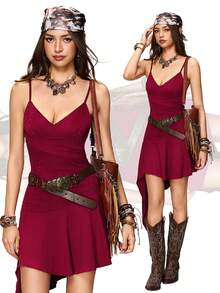 INAWLY Women's Burgundy Party Spaghetti Strap Cami Knitted Fabric Asymmetrical Maxi Dress - Burgundy - View 3