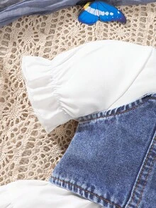 SHEIN 女婴短款泡泡袖荷叶边连衣裙和单排扣吊带上衣套装 - 藍色 - 查看 3