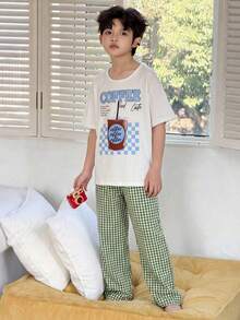 2-Piece Big Kids Boys Pajamas Set,White Summer Cute Night Short Sleeve Top With Coffee Graphic & Green Gingham Plaid Long Pants Loungewear Sleepwear - Multicolor - View 2
