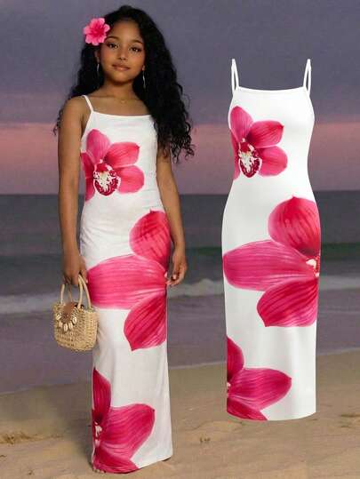 Vestido de tirantes con abertura lateral con estampado floral para niñas preadolescentes, casual y de moda para vacaciones
