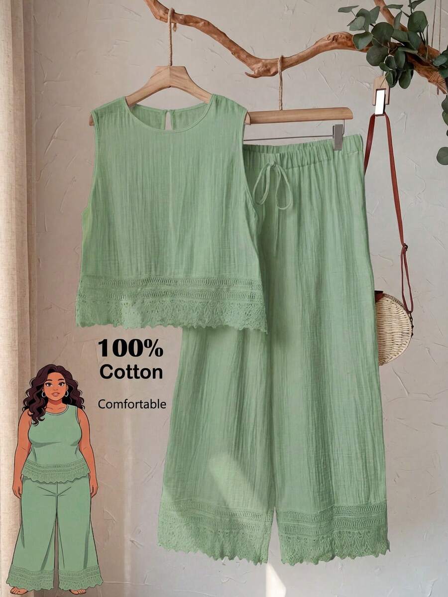 Rusticease Plus Size Women's Sage Green Summer Boho Vacation Holiday Lace Patchwork Sleeveless Top And Wide Leg Pants 2-Piece Set, Comfort Outfits - Green - View 1