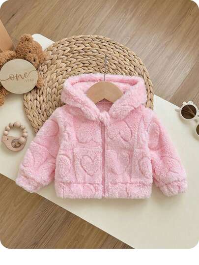 SHEIN Abrigo grueso con capucha y patrón de corazón difuso lindo de unicolor para bebé niña recién nacida para otoño/invierno