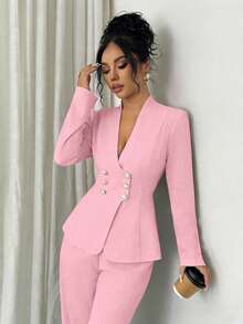 Elenzga Women's V-Neck Double-Breasted Waist Cinching Elegant Jacket And Pants 2 Pieces Set - Baby Pink - View 5
