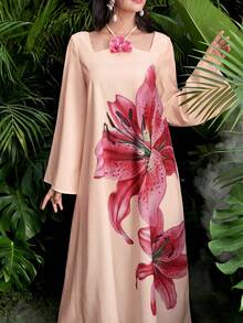 Al Najma Đầm maxi Thổ Nhĩ Kỳ dài tay cổ yếm màu vàng in họa tiết hoa 3D thanh lịch lãng mạn dành cho nữ mùa xuân/hè và áo abaya truyền thống Ả Rập. - Hồng - Xem 6