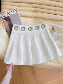 SHEIN MOD تنورة جينز نسائية مطوية على شكل حرف A مع تصميم خصر كورسيه - أزرق متوسط - مشاهدة 6