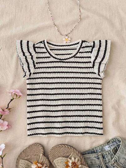 SHEIN Young Girl/ Tween Girls' Casual Vacation Home Textured Knit Fitted Cropped Square Neck T-Shirt, White,Kids Knitted Top For Girls Summer Tops For Kids Infant Clothes Top Spring Outfits For Girls With Top Toddler Tops Cute Tops For Girls Clothes For Girls Summer Summer Tops For Girls Kids Clothes For Girl Blouses For Girls Young Girl Clothes