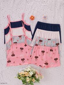 Bộ 8 món tối giản thời trang in hình dễ thương dành cho bé gái, gồm áo hai dây và quần lót. - Nhiều màu - Xem 2