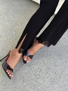 Lavishia Women's Black Flare Pants With Contrast Lace, Elegant For Commuting And Everyday Wear, Summer Women's Dress Pants Pants With Slit Women's Tall Trousers Women's Pants Women's Flared Leggings Black Elegant Pants Black Flare Pants For Women Black Dress Pants For Women Straight Leg Pants For Ladies Yoga Pants For Women Tall Yoga Trousers Stretchable Pants For Women - Black - View 7