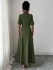 Elenzga 女士纯色卷边短袖单排扣休闲衬衫裙 - 墨綠色 - 查看 2