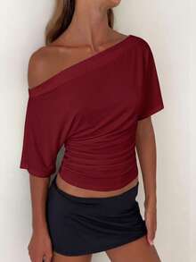 Aloruh Áo kiểu dáng rộng rãi, lệch vai, thắt eo, áo thun cơ bản tối giản. - Màu Đỏ Sâu - Xem 8