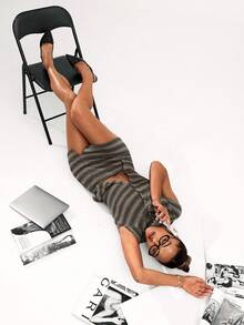 SHEIN BAE 女士休闲条纹前开襟短袖T恤，夏季 - 杏色 - 查看 4