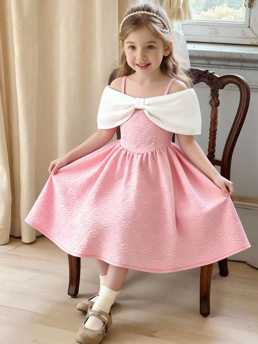 Souflis Souflis Đầm ngắn trễ vai xếp ly thắt nơ màu hồng cho bé gái, thích hợp cho các hoạt động ngoài trời thanh lịch vào mùa xuân và mùa hè. - Hồng - Xem 1