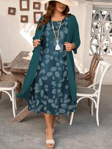 EMERY ROSE Chiffon Mid-Sleeve Jacket & Vintage Floral Print Dress 2-Piece Set, Plus Size Women's Country Style Spring/Summer Outfit - Cadet Blue - View 5