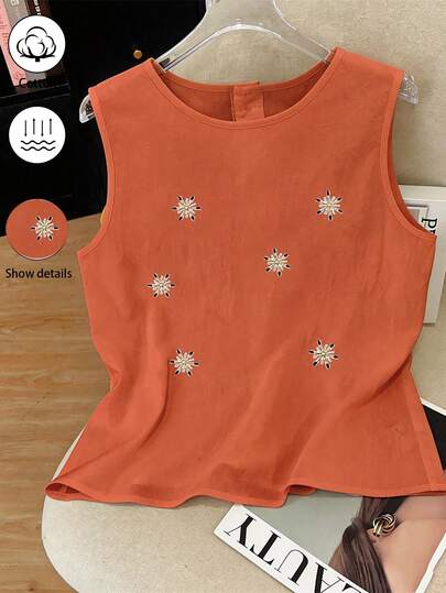 Everyssa Blusa de lino sin mangas con bordado francés para mujer