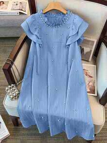 GlowEve CURVE Plus Size Women's Ruffled Collar Pearl Beaded Double-Layer Cap Sleeve Loose Dress, Textured Elegant Sweet Dress For Spring/Summer - Blue - View 1