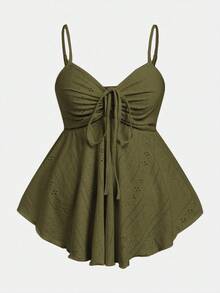 SHEIN EZwear Áo hai dây dệt kim màu xanh ô liu cỡ lớn dành cho nữ - xanh quân đội - Xem 1