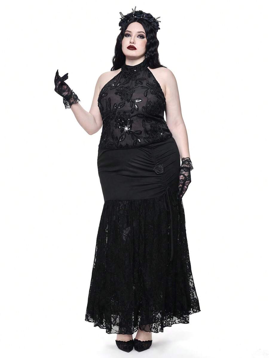 ROMWE Goth Plus Size Patchwork Embroidered Fitted Fashionable Camisole - Black - View 1