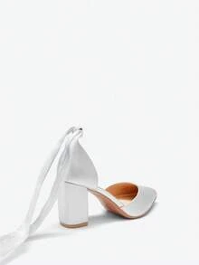 时尚系带优雅粗跟尖头镂空高跟鞋，适合夏秋穿着 - 銀色 - 查看 7