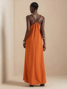 Lyxana Pastal Deep V-Neck Circle Chain Vacation Dress For Women Golf Summer Sexy - Brown - View 1