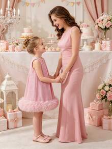 SHEIN Glamorique Kids 一件少女婚礼花童优雅无袖连衣裙，适合婚礼、派对、表演，夏季连衣裙，裙摆饰有花朵图案，优雅高贵，适合宴会和舞台表演。 - 粉色 - 查看 8