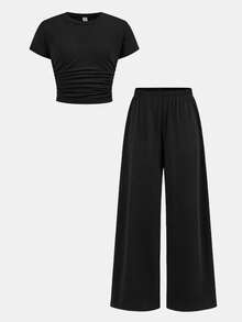 SHEIN 2件套 少女黑色针织T恤+裤子 休闲日常时尚套装 - 黑色 - 查看 11