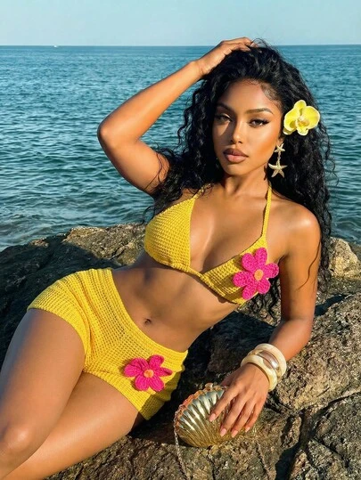 Slaydiva Bộ bikini + quần short siêu ngắn + áo tắm liền thân màu vàng với dây buộc cổ và lưng hở hoàn toàn, thích hợp mặc đi biển vào mùa hè, đi bơi, đi nghỉ mát, dự tiệc trên du thuyền, phong cách cơ bản, thời trang, hẹn hò hàng ngày, bộ hai mảnh dành cho nữ - A