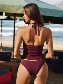 Swim Mod Women's White Boho Crochet Burgundy Ribbed Tankini Set,Summer Beach Holiday Seashell Starfish Decor Two-Piece Swimwear For Vacation Outfits - Burgundy - View 2