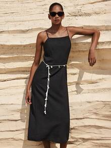 Maija Women's Vacation Casual Solid Color Backless Spaghetti Strap Mid-Length Dress,Black Dress,Summer Outfits ,Festival Outfits ,Beach Outfit For Women - Black - View 7