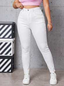 SHEIN EZwear 大码女式纯色口袋拉链纽扣休闲百搭牛仔裤 - 白色 - 查看 3