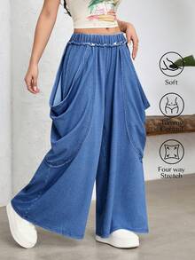 SHEIN Unity Women's Elastic Waist Pleated Casual Versatile Daily Wear Wide Leg Jeans - Blue - View 1